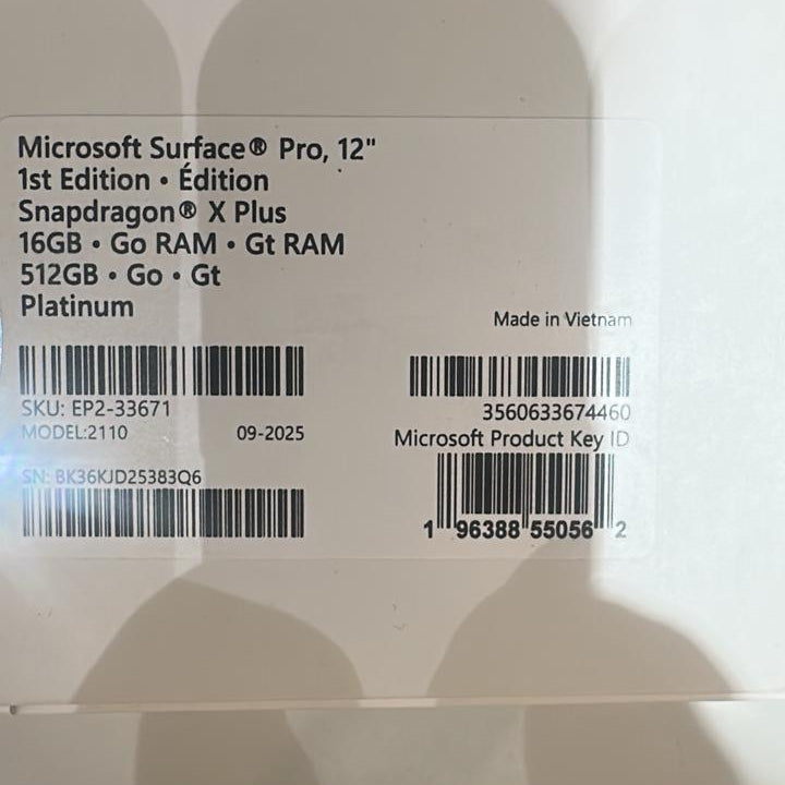 Microsoft Surface Pro 12 | EP2-33671 | Snapdragon X Plus | RAM 16GB | SSD 512GB | Qualcomm Adreno | 12.0 Touch (2196 x 1464) | Platinum