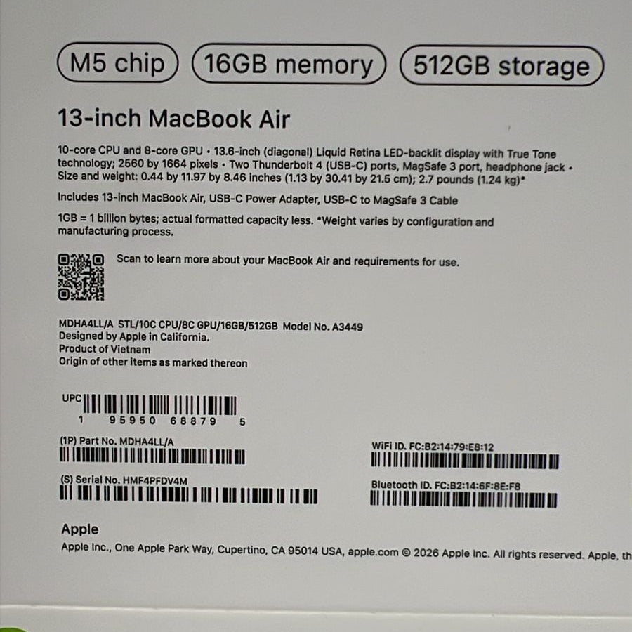 Apple Macbook Air MDHA4LL/A | A3449 | M5 Chip (10 Core) | GPU (8 Core) | RAM 16GB | SSD 512GB | 13.0 (2560 x 1664) | Starlight