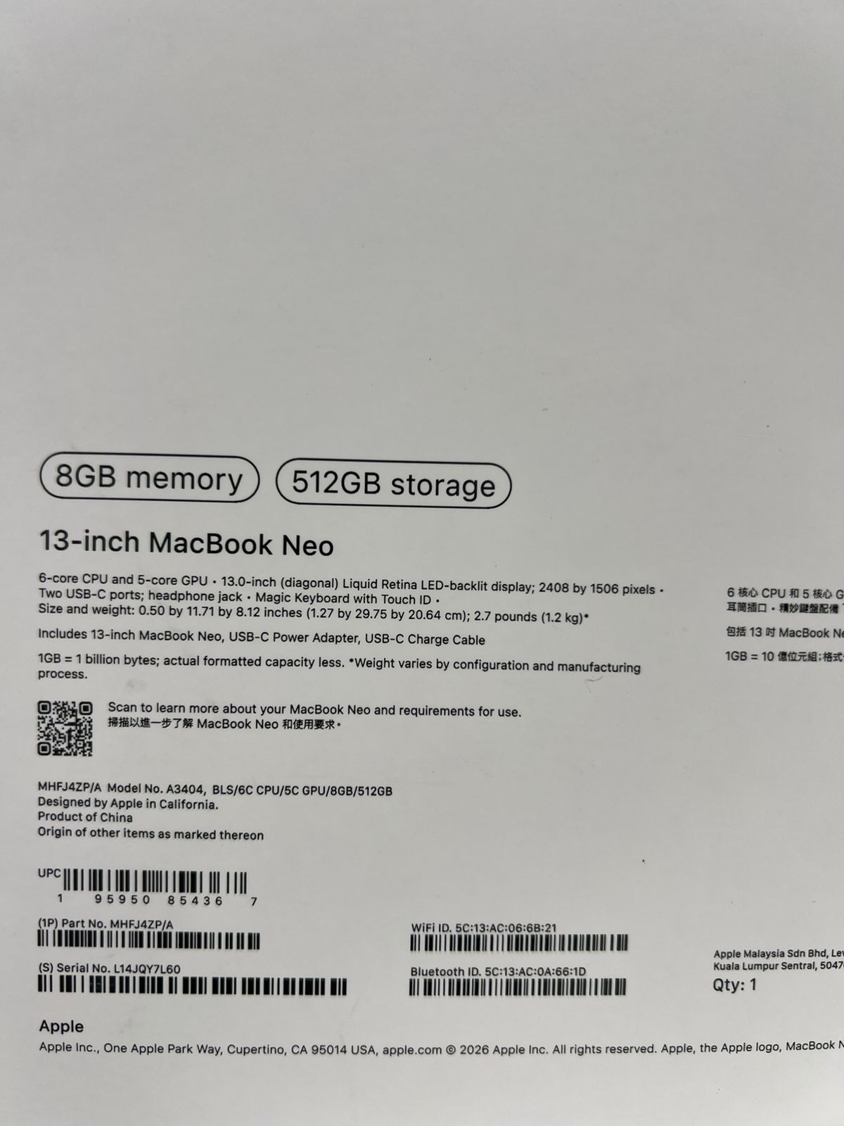 Apple MacBook Neo MHFJ4ZP/A | A3404 | Apple A18 Pro (6 Cores) | GPU (5 Cores) | RAM 8GB | SSD 512GB | 13.0 Inch (2408 x 1506) | Blush
