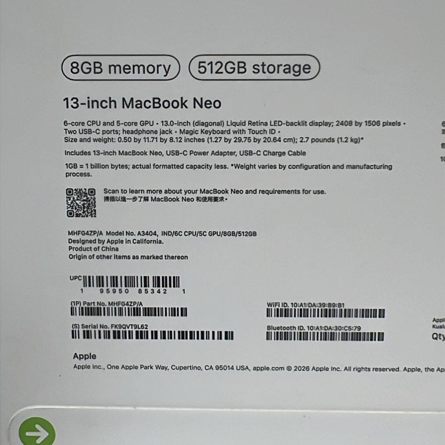 Apple MacBook Neo MHFG4ZP/A | A3404 | Apple A18 Pro (6 Cores) | GPU (5 Cores) | RAM 8GB | SSD 512GB | 13.0 Inch (2408 x 1506) | Indigo