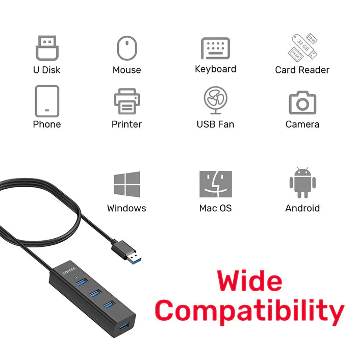 UNITEK 4-Ports Powered USB 3.0 Hub | High-Speed USB Expansion with External Power Adapter | Plug-and-Play | LED Power Indicator