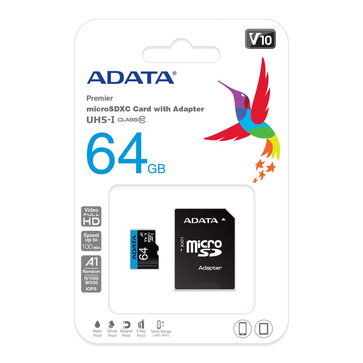 ADATA Premier 64 GB microSDXC UHS-I Class 10 V10 A1 Memory Card with SD Adapter | Up to 100 MB/s Read