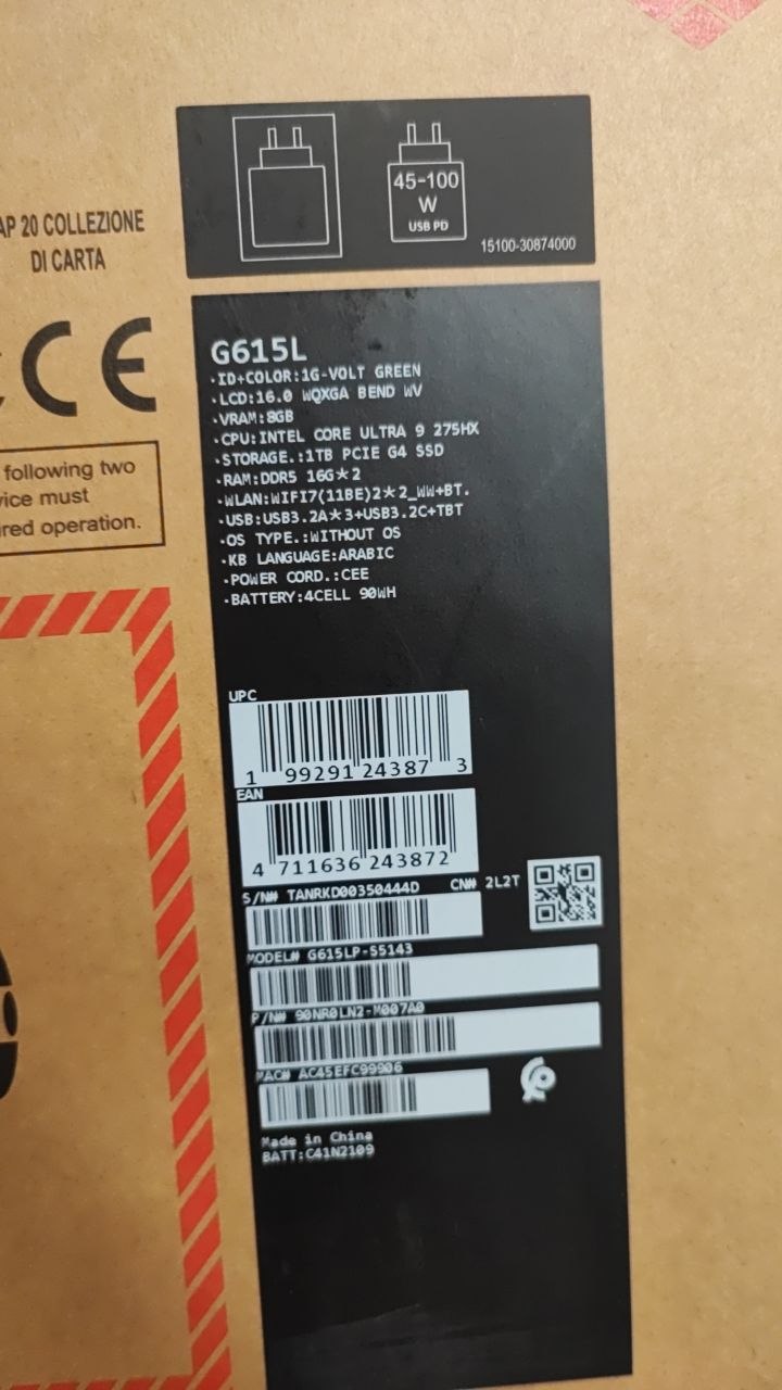 ASUS ROG Strix G16 G615LP-S5143 | Intel Core Ultra 9-275HX | RAM 32GB | 1TB SSD NVMe | NVIDIA RTX 5070 8GB | 16.0 WQXGA 240Hz IPS | Volt Green