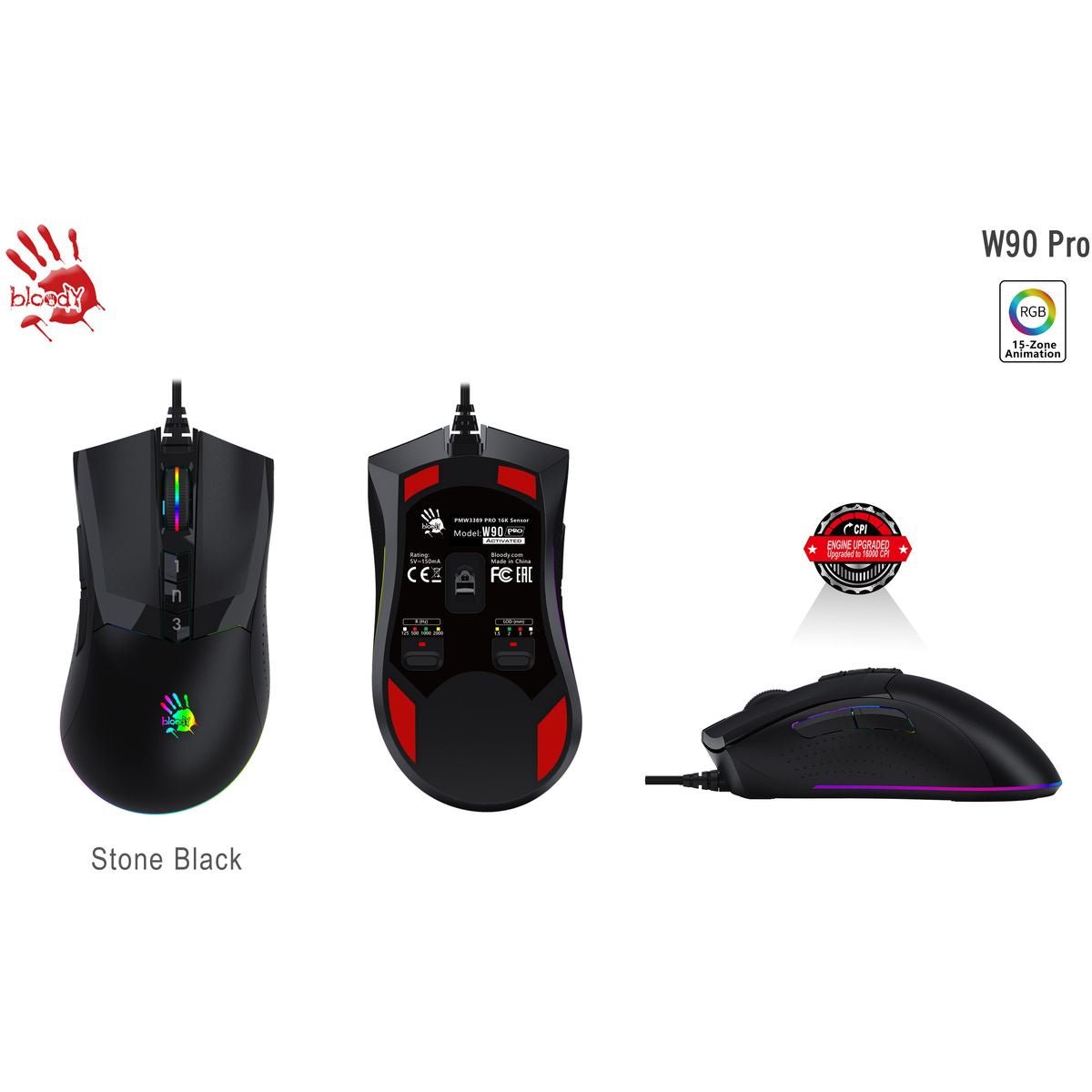 Bloody W90 Pro RGB Optical Gaming Mouse Advanced Precision | 16000 CPI