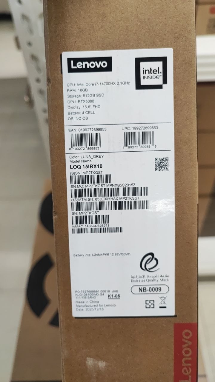 Lenovo LOQ 15IRX10 | (YHAX) Intel Core i7-14700HX | RAM 16GB | SSD 512GB | RTX 5060 8GB | 15.6 Inch 144Hz IPS | Luna Gray