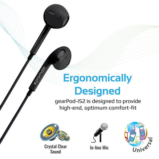 Promate GearPod-IS2 Stereo Earbuds | 3.5mm Jack | In-Line Remote | Built-in Mic | Noise Isolation | Ergonomic Design