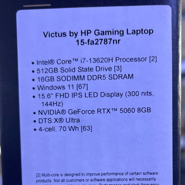 HP Victus 15-FA2787NR | Intel Core i7-13620H | RAM 16GB | 512GB SSD | NVIDIA Geforce 5060 8GB | 15.6 FHD IPS 144Hz | Black