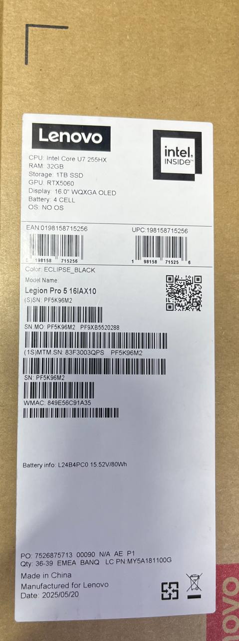 Lenovo Legion Pro 5 16IAX10 | (3QPS) | Intel Core Ultra 7-255HX | RAM 32GB | SSD 1TB | NVIDIA Geforce RTX 5060 8GB | 16.0 Inch OLED WQXGA 165Hz | Eclipse Black