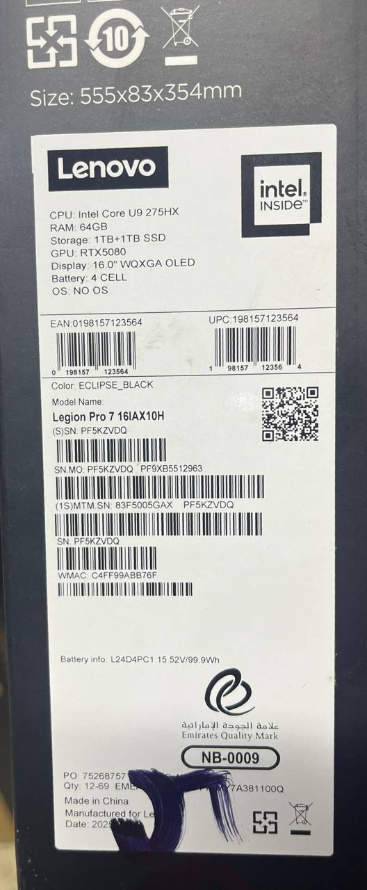 Lenovo Legion Pro 7 16IAX10H | (5GAX) | Intel Core Ultra 9-275HX | RAM 64GB | SSD 2TB | NVIDIA Geforce 5080 16GB | 16.0 Inch WQXGA OLED 240Hz | Eclipse Black