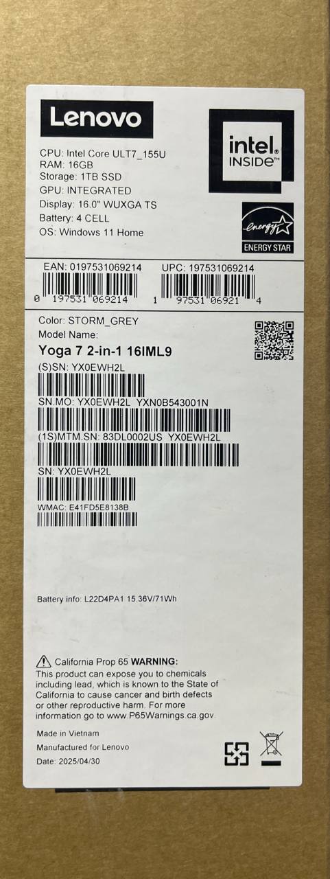 Lenovo Yoga 7 2-in-1 16IML9 | (02US) | Intel Core Ultra 7-155U | RAM 16GB | SSD 1TB | Intel Graphics | 16 Inch " WUXGA IPS 60Hz X360 Touch | Storm Grey