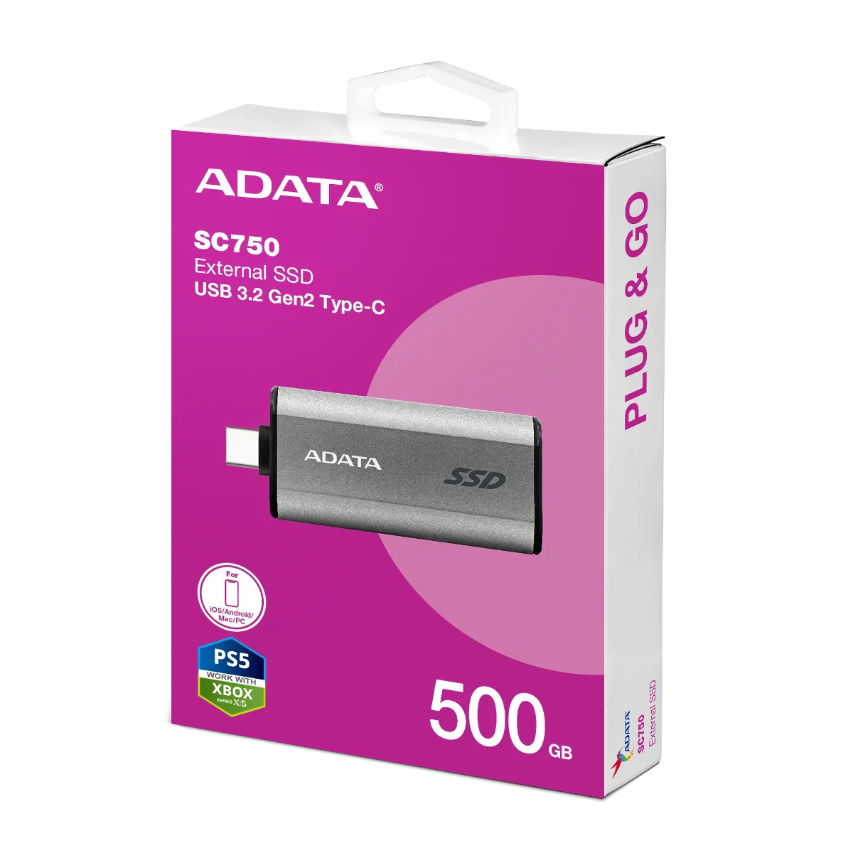 ADATA SC750 External SSD USB 3.2 Gen2 1050MB/s Read 1000MB/s Write Slide-Out Type-C Cableless | 500GB