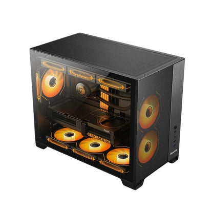 Huntkey F820 M-ATX Gaming PC Case | Tempered Glass | 360mm Cooling Support | High Airflow Design (No Fans Included)