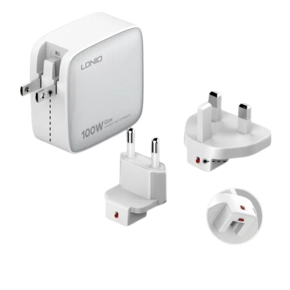 LDNIO Q408 100W GaN Super Fast Charger | 4‑Port USB (3×USB‑C + 1×USB‑A) | PD & QC Fast Charge | Replaceable US/EU/UK Plugs | Compact Wall Adapter