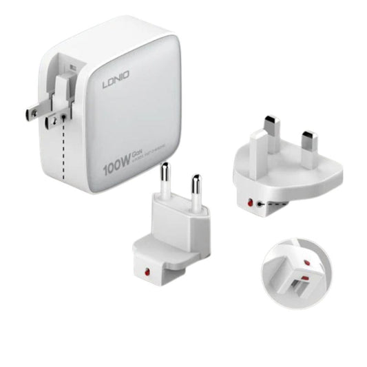 LDNIO Q408 100W GaN Super Fast Charger | 4‑Port USB (3×USB‑C + 1×USB‑A) | PD & QC Fast Charge | Replaceable US/EU/UK Plugs | Compact Wall Adapter