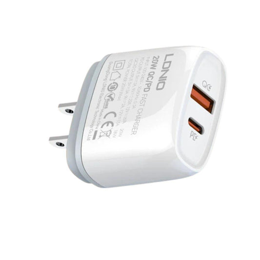 LDNIO Q229 20W PD + QC3.0 Fast Charger | USB-C & USB-A Dual Port | 100-240V Travel Plug | Fireproof Shell