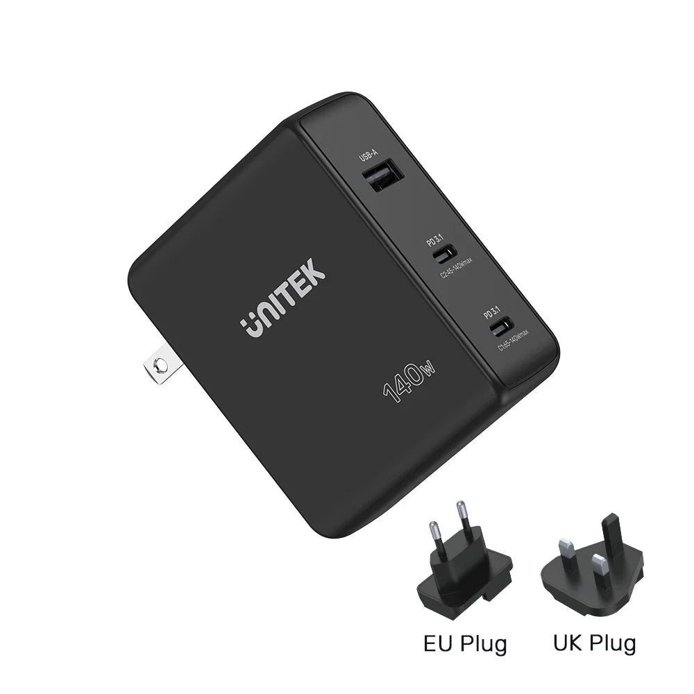 Unitek 140W GaN Wall Charger | 2× USB-C PD 3.1 & 1× USB-A Ports | Fast Charging for MacBook Pro | Compact Design | Includes EU & UK Plugs