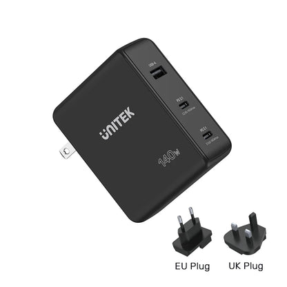 Unitek 140W GaN Wall Charger | 2× USB-C PD 3.1 & 1× USB-A Ports | Fast Charging for MacBook Pro | Compact Design | Includes EU & UK Plugs