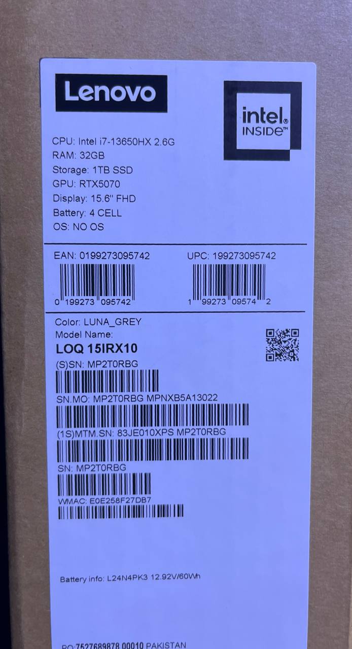 Lenovo LOQ 15IRX10 | (0XPS) Intel Core i7-13650HX | RAM 32GB | SSD 1TB | RTX 5070 8GB | 15.6 Inch FHD IPS 144Hz | Luna Grey