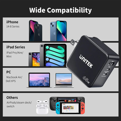 Unitek 65W GaN Travel Charger | Dual USB-C PD & USB-A QC 3.0 Ports | Compact Design | EU & UK Plug Adapters | Model P1117B