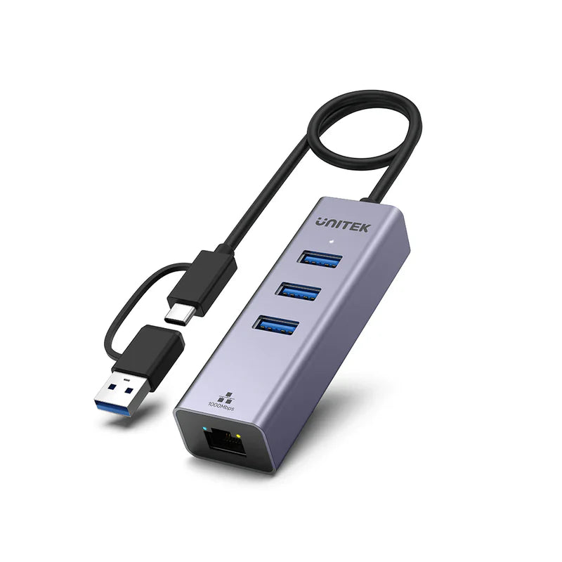 UNITEK 4 in 1 multi-port hub expand a single USB-C port to 1 gigabit Ethernet LAN Network Adapter with 3 USB 3.0 ports.