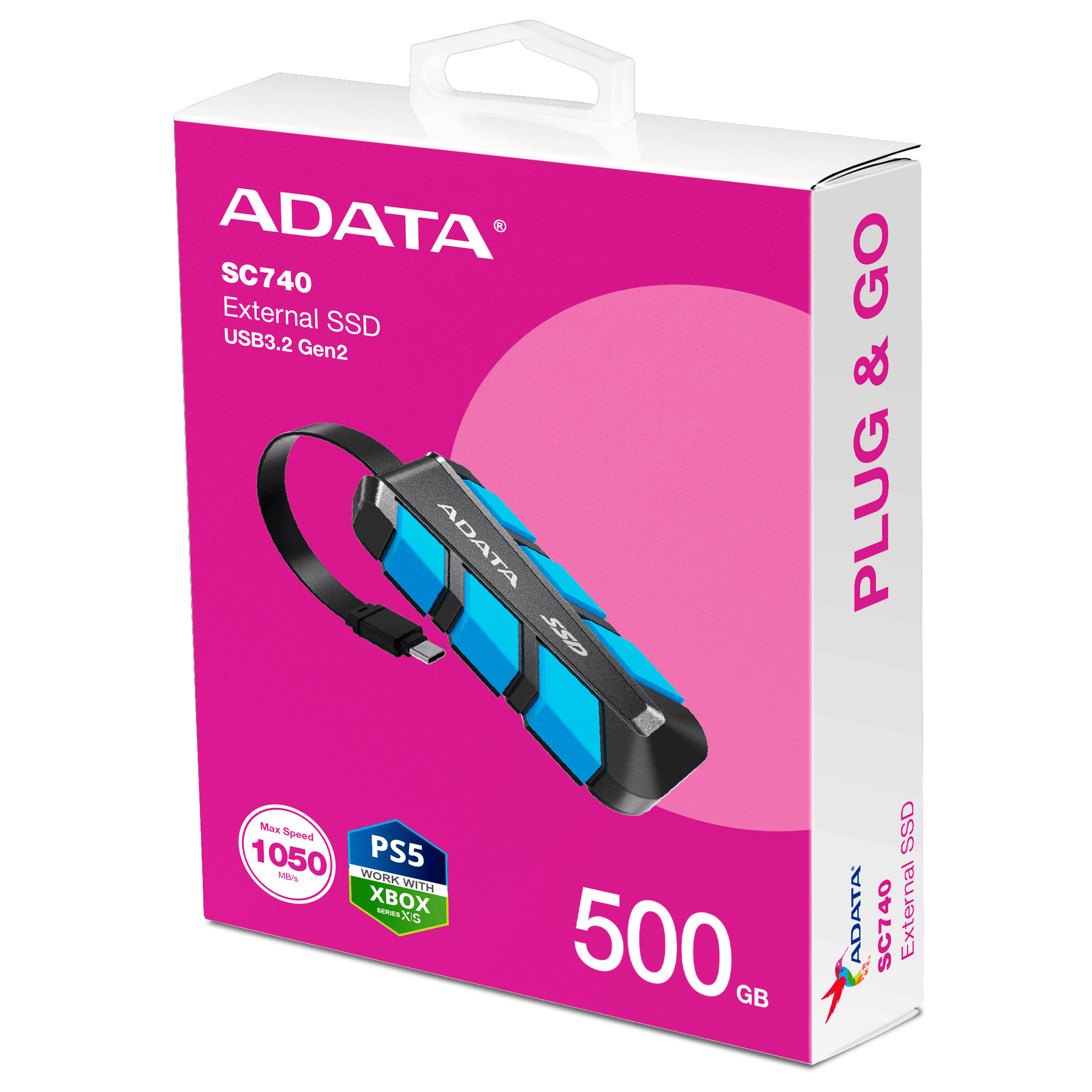 ADATA SC740 External SSD USB 3.2 Gen2 1050MB/s Read 1000MB/s Write Built-In USB-C Cable MIL-STD Drop - 500GB