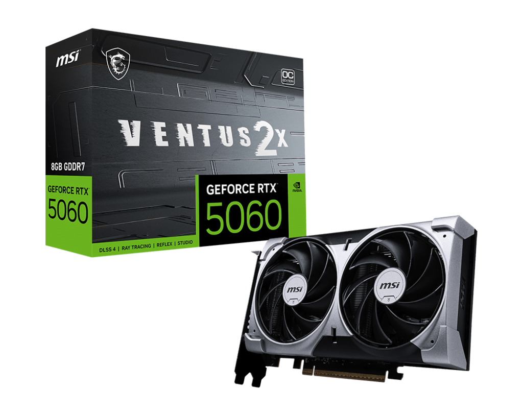 MSI GeForce RTX 5060 8G VENTUS 2X OC | 8 GB GDDR7 | PCIe 5.0 | 2535 MHz Boost | 3840 CUDA Cores | Dual TORX 5.0 Fans | HDMI 2.1b & 3×DP 2.1b