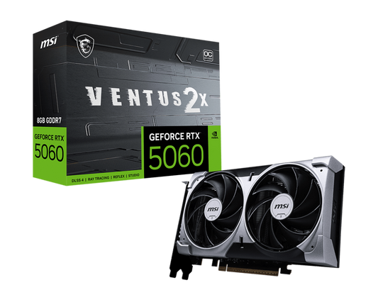 MSI GeForce RTX 5060 8G VENTUS 2X OC | 8 GB GDDR7 | PCIe 5.0 | 2535 MHz Boost | 3840 CUDA Cores | Dual TORX 5.0 Fans | HDMI 2.1b & 3×DP 2.1b