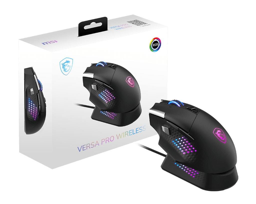 MSI VERSA PRO Wireless Gaming Mouse + Mouse Dock Pro | Tri-Mode Connectivity (2.4G / Bluetooth / USB) | 26000 DPI Optical Sensor | 1000Hz Polling Rate | RGB Lighting | Rechargeable Dock | Ergonomic Design