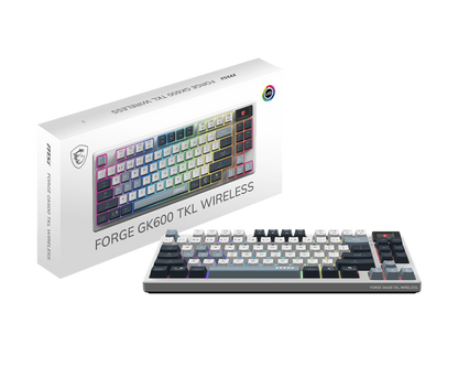 MSI FORGE GK600 TKL Wireless SKY Mechanical Gaming Keyboard | Tri-Mode Connectivity (2.4G / Bluetooth / USB) | Hot-Swappable Linear Switches | RGB Backlighting | PBT Keycaps | Tenkeyless Design | Rechargeable Battery/English