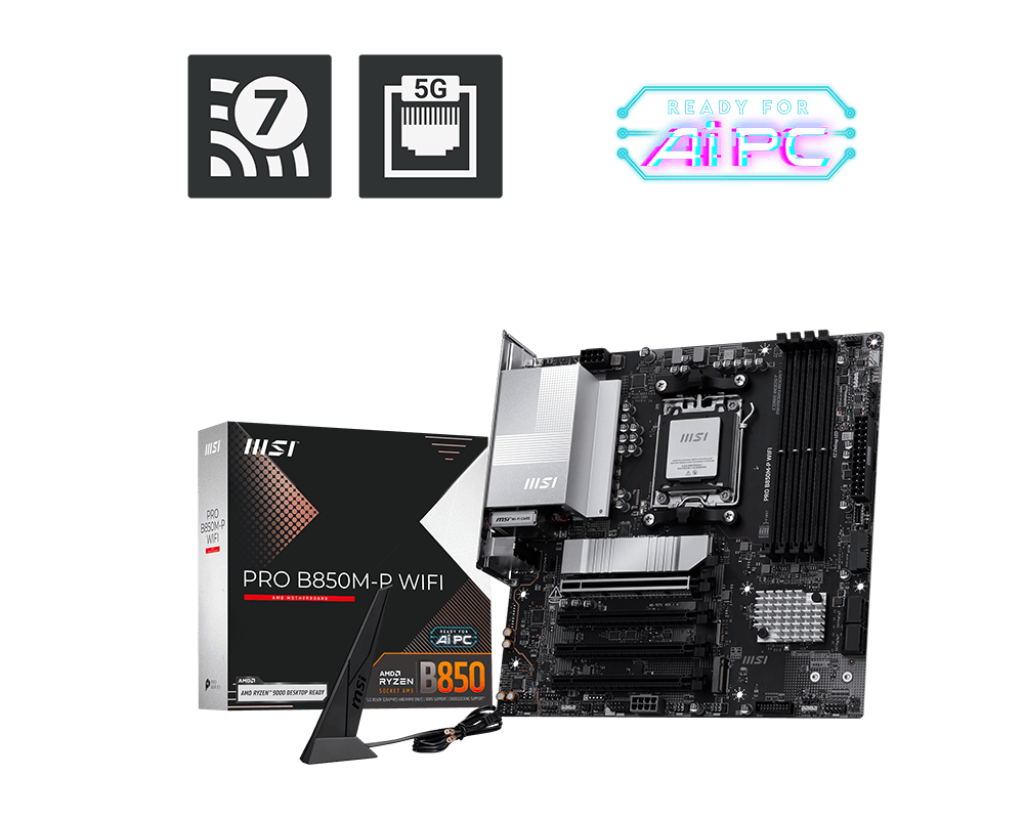 MSI PRO B850M-P WIFI Micro-ATX Motherboard | AM5 | DDR5‑8200+ OC | PCIe 5.0 x16 | 3× M.2 (1× Gen5) | 5 GbE LAN | Wi‑Fi 7 | USB4 | HDMI 2.1