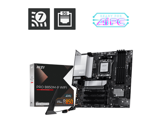 MSI PRO B850M-P WIFI Micro-ATX Motherboard | AM5 | DDR5‑8200+ OC | PCIe 5.0 x16 | 3× M.2 (1× Gen5) | 5 GbE LAN | Wi‑Fi 7 | USB4 | HDMI 2.1