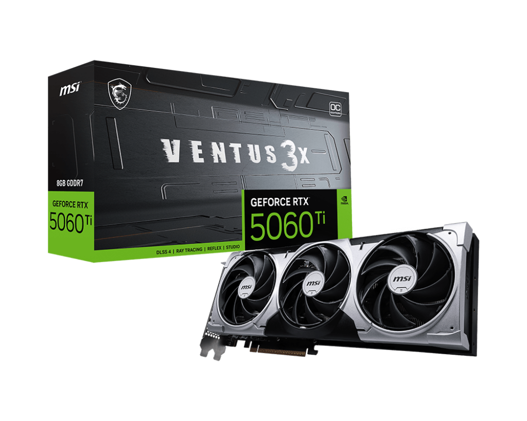 MSI GeForce RTX 5060 Ti VENTUS 3X 8G OC | 8GB GDDR7 | PCIe 5.0 x16 | 4608 Cores | 2572 MHz Boost | 28 Gbps | HDMI 2.1b | DP 2.1b | Triple Fan Cooling