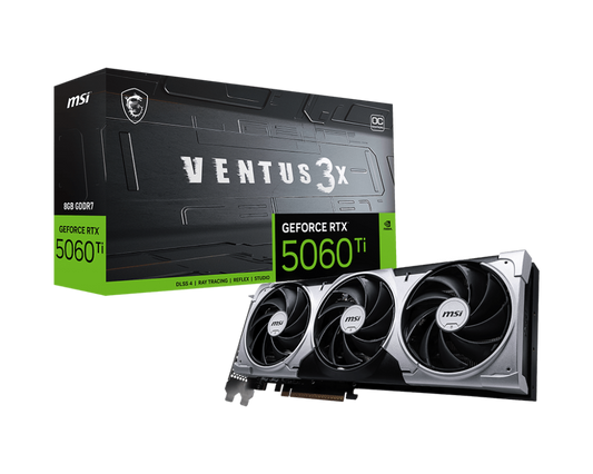 MSI GeForce RTX 5060 Ti VENTUS 3X 8G OC | 8GB GDDR7 | PCIe 5.0 x16 | 4608 Cores | 2572 MHz Boost | 28 Gbps | HDMI 2.1b | DP 2.1b | Triple Fan Cooling