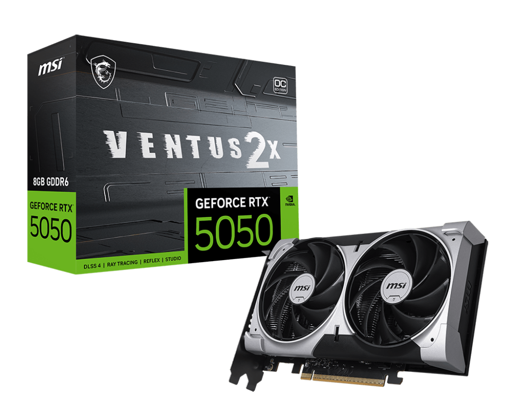 MSI GeForce RTX 5050 8 GB VENTUS 2X OC | NVIDIA Blackwell | 2560 CUDA Cores | 2617 MHz Boost | 20 Gbps GDDR6 | 3× DP 2.1b | HDMI 2.1b | PCIe 5.0 | 130 W TDP