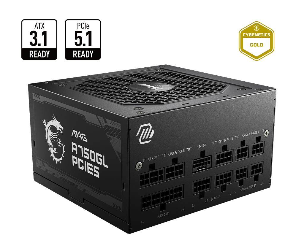 MSI MAG A750GL PCIE5 | ATX 3.1 / PCIe-5 750 W Full-Modular 80 PLUS Gold PSU | 450 W 16-Pin GPU Cable