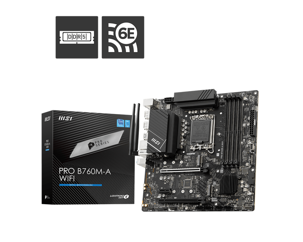 MSI PRO B760M‑A WiFi DDR5 mATX Motherboard | LGA 1700 | DDR5 5333 MHz OC | PCIe 4.0 | Wi‑Fi 6E | 2.5 Gb LAN