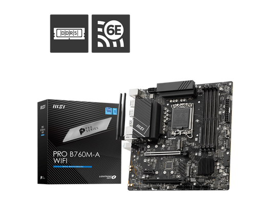 MSI PRO B760M‑A WiFi DDR5 mATX Motherboard | LGA 1700 | DDR5 5333 MHz OC | PCIe 4.0 | Wi‑Fi 6E | 2.5 Gb LAN
