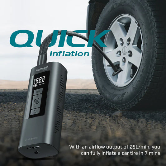 Promate Aerify 150 PSI Portable Air Compressor & Power Bank | 6 | 000 mAh Battery | 25 L/min Airflow | LED Light