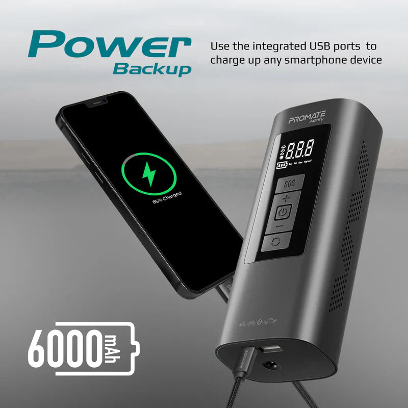 Promate Aerify 150 PSI Portable Air Compressor & Power Bank | 6 | 000 mAh Battery | 25 L/min Airflow | LED Light