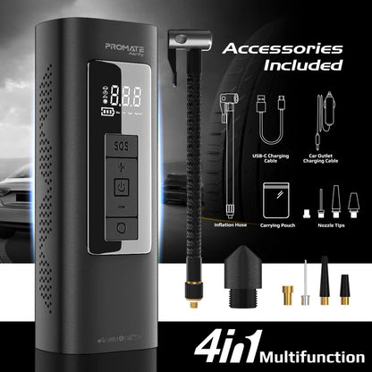 Promate Aerify 150 PSI Portable Air Compressor & Power Bank | 6 | 000 mAh Battery | 25 L/min Airflow | LED Light