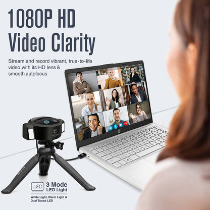 Promate Ai SmartTrack HD Handsfree Streaming Webcam • 360° Auto Rotation • 3 Mode LED Light • 8 Hour Working time • 5000mAh Power Bank • No App Required