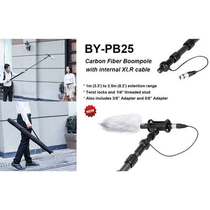 BOYA BY‑PB25 8.2′ Carbon Fiber Boompole | 3‑Section | Internal XLR Cable | 3 kg Load | Includes ¼″‑20 & XLR Adapters | Lightweight