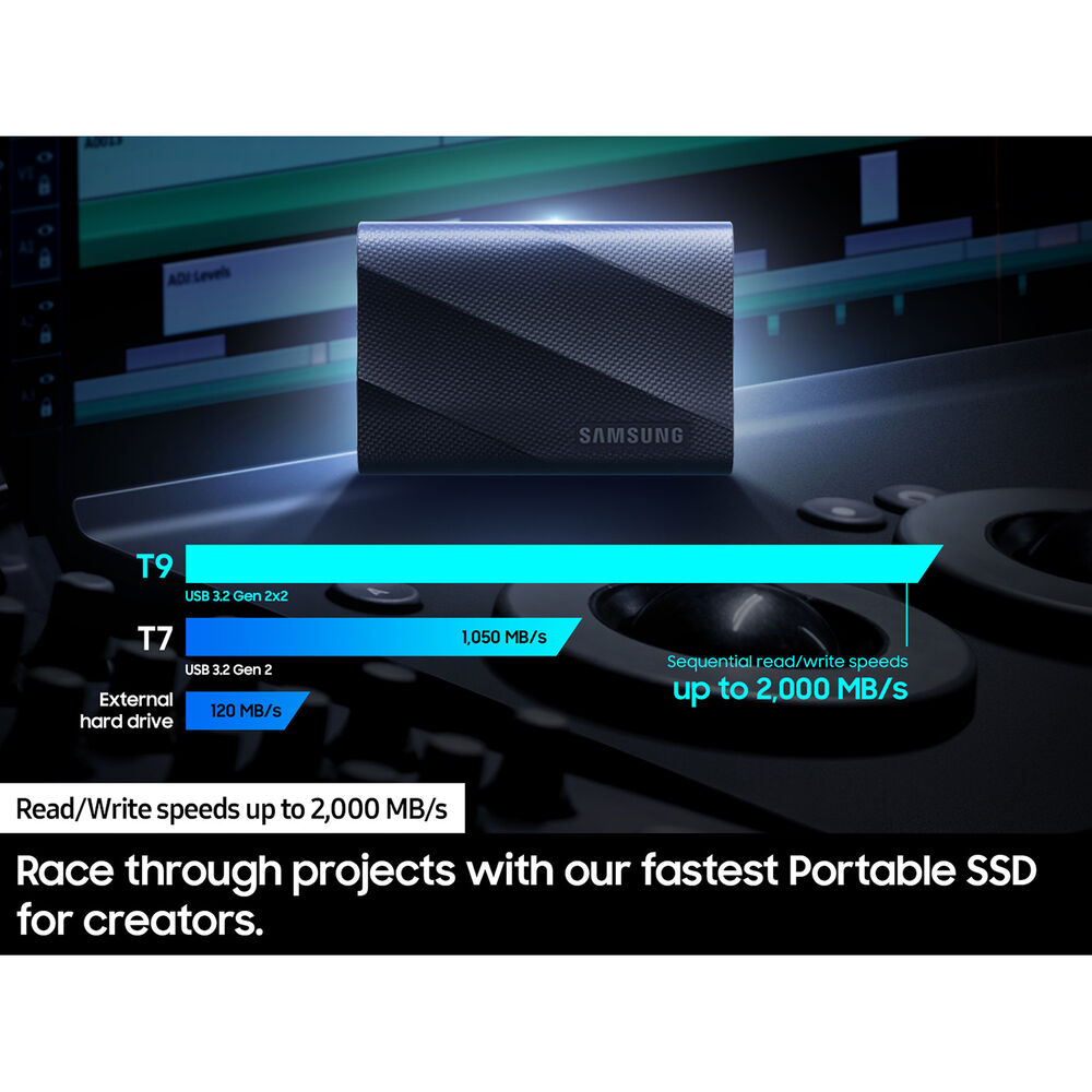 Samsung T9 2TB Portable SSD | USB 3.2 Gen 2x2 | Up to 2 | 000 MB/s Read | Rugged Design | AES 256-bit Encryption | Black