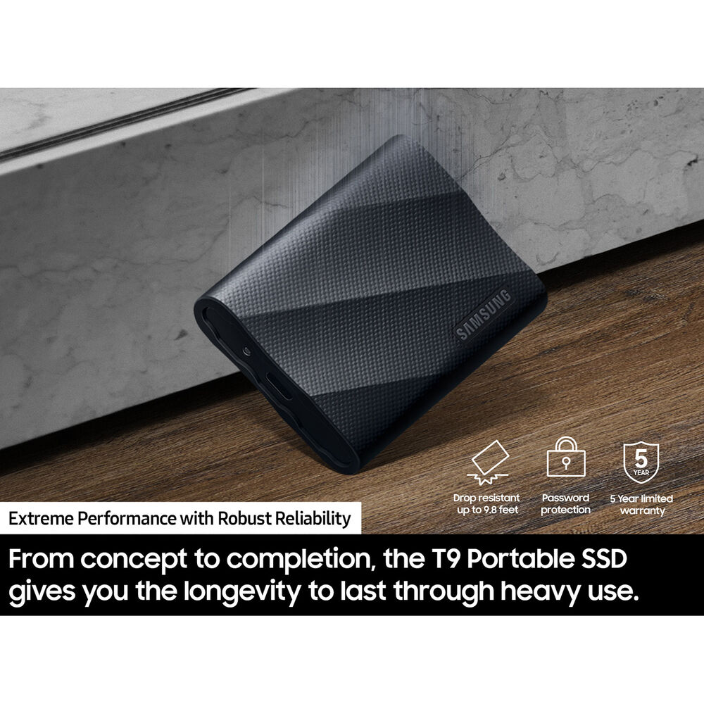 Samsung T9 2TB Portable SSD – USB 3.2 Gen 2x2, Up to 2,000 MB/s Read, Rugged Design, AES 256-bit Encryption, Black