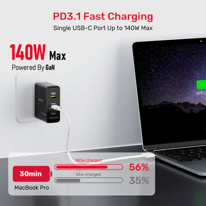 Unitek 140W GaN Wall Charger | 2× USB-C PD 3.1 & 1× USB-A Ports | Fast Charging for MacBook Pro | Compact Design | Includes EU & UK Plugs