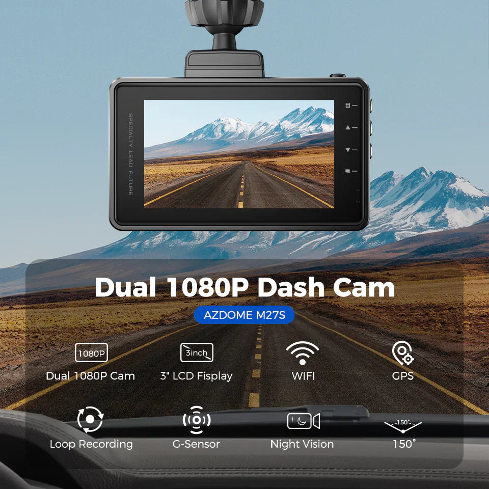 AZDOME M27S 2K QHD Dash Cam with WiFi | 3” IPS Display | 2560x1440P Dashboard Camera for Cars | WDR & Night Vision | G-Sensor | Parking Monitor | Loop Recording