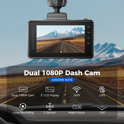 AZDOME M27S 2K QHD Dash Cam with WiFi | 3” IPS Display | 2560x1440P Dashboard Camera for Cars | WDR & Night Vision | G-Sensor | Parking Monitor | Loop Recording