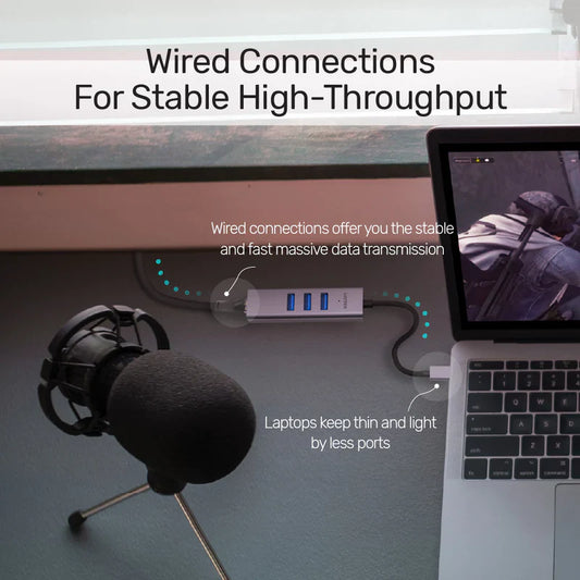 UNITEK 4 in 1 multi-port hub expand a single USB-C port to 1 gigabit Ethernet LAN Network Adapter with 3 USB 3.0 ports.