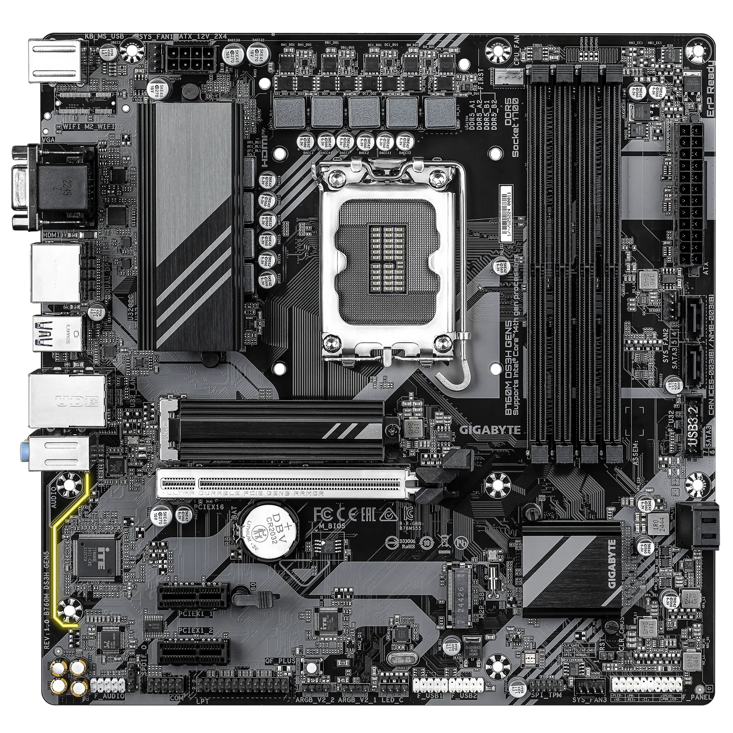 Gigabyte B760M-DS3H GEN5 mATX Motherboard | LGA 1700 for 12th-14th Gen Intel | DDR5 | PCIe 5.0 x16 | Dual M.2 | USB-C | 2.5Gb LAN | Q-FLASH Plus