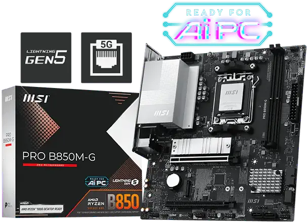 MSI PRO B850M-G Gaming Motherboard | AMD AM5 | DDR5 8200+ OC | PCIe 5.0 x16 | Dual M.2 | 5GbE LAN | USB 5Gbps | Micro-ATX